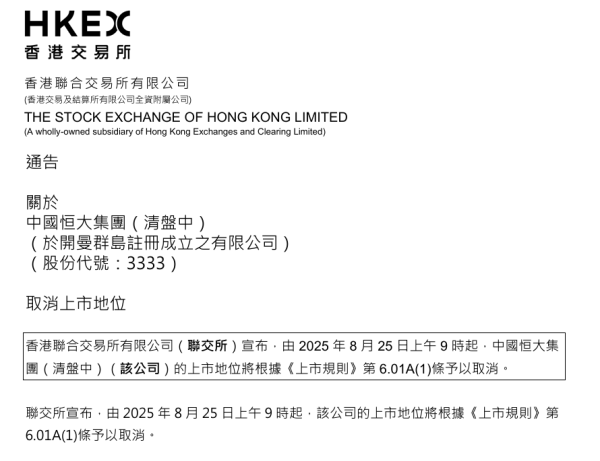 好牛 港交所正式宣布：取消中国恒大上市地位